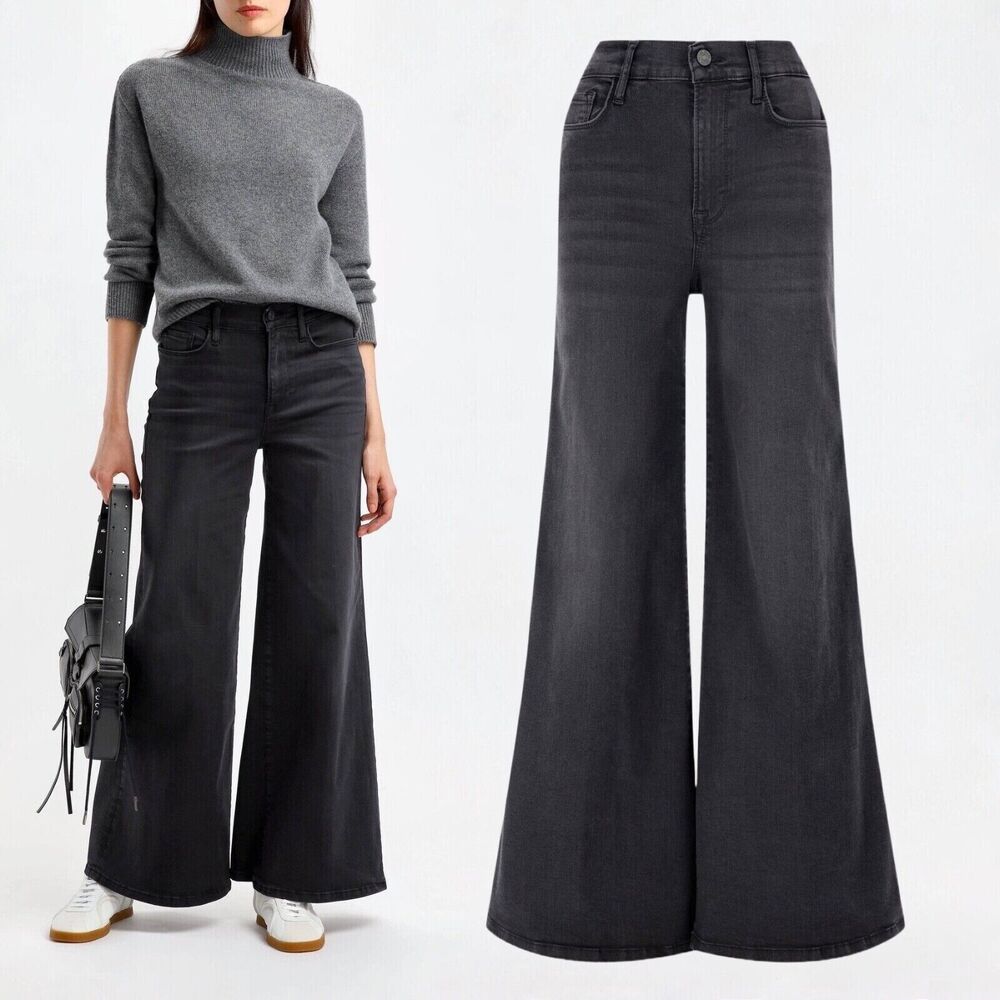 Frame Denim Charcoal Black High-Rise Wide-Leg Flare Jeans